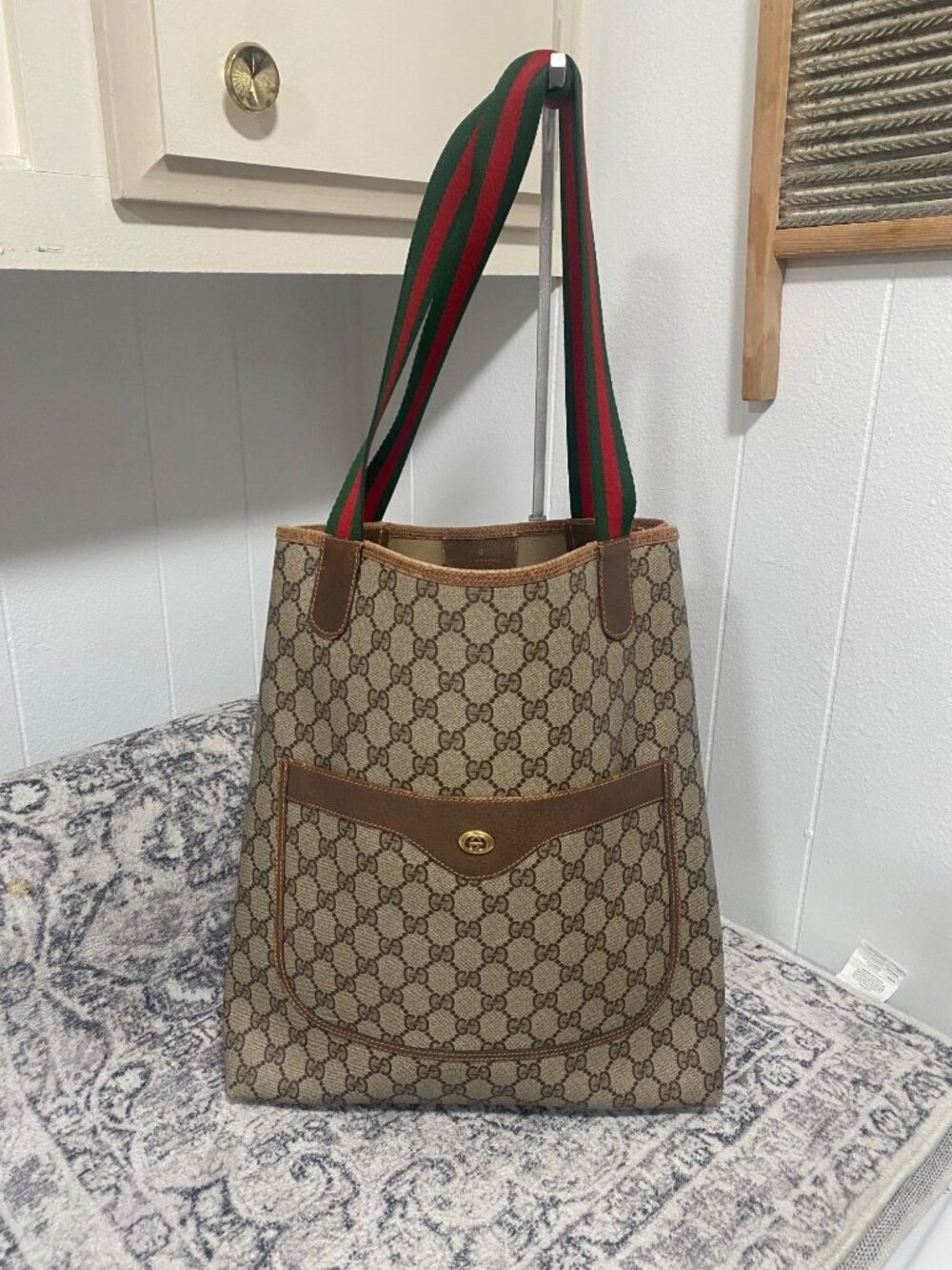 Gucci GG Canvas Tote Bag With Brown Leather Trim & Red/Green Straps